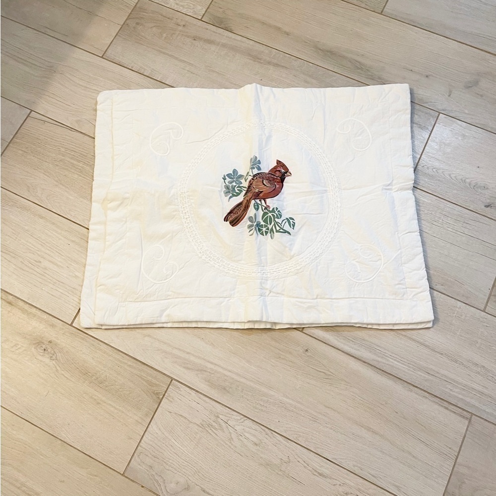 Set Of 2 Cardinal Bird White Quilted Crochet Trim Pillow Shams Cottage Core